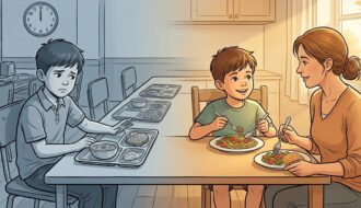 Ilustrace: smutný chlapec odsouvá tác ve školní jídelně, vedle stejný chlapec s chutí obědvá doma s maminkou