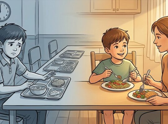 Ilustrace: smutný chlapec odsouvá tác ve školní jídelně, vedle stejný chlapec s chutí obědvá doma s maminkou