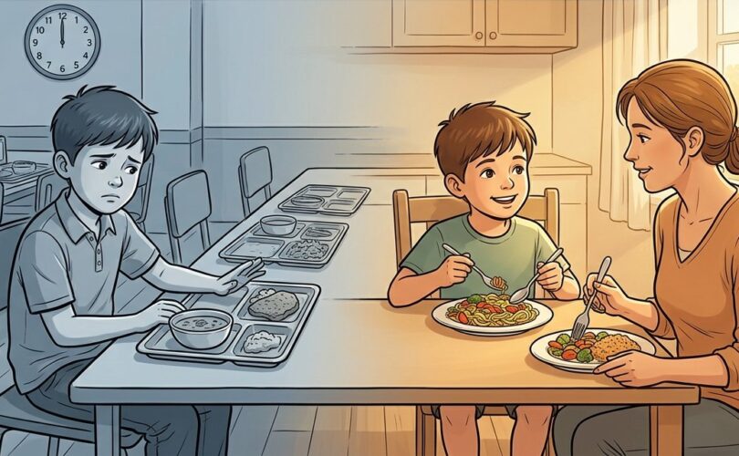Ilustrace: smutný chlapec odsouvá tác ve školní jídelně, vedle stejný chlapec s chutí obědvá doma s maminkou