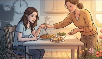 Ilustrace: dívka s obavami u talíře těstovin, blízká osoba ji jemně povzbuzuje; vlevo stín váhy a trní, vpravo světlo a květiny
