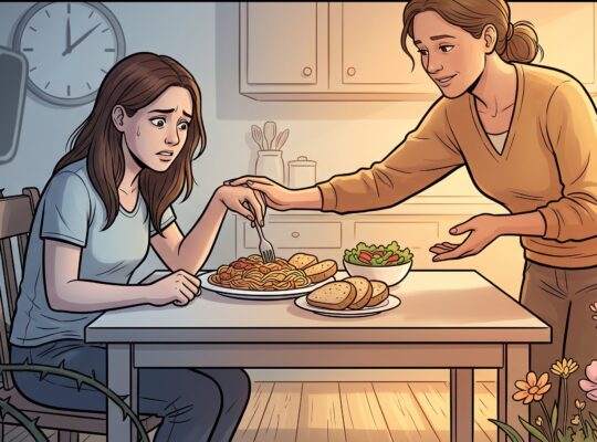 Ilustrace: dívka s obavami u talíře těstovin, blízká osoba ji jemně povzbuzuje; vlevo stín váhy a trní, vpravo světlo a květiny