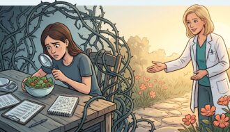 Ilustrace: žena se zvětšovacím sklem nad salátem, obklopená trním pravidel a seznamů; nutriční terapeutka ji zve na cestu ven