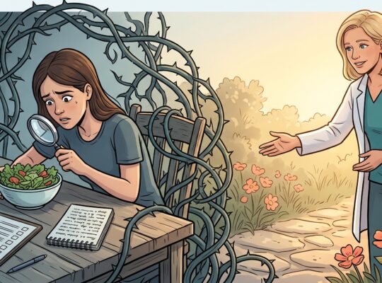 Ilustrace: žena se zvětšovacím sklem nad salátem, obklopená trním pravidel a seznamů; nutriční terapeutka ji zve na cestu ven