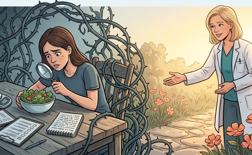 Ilustrace: žena se zvětšovacím sklem nad salátem, obklopená trním pravidel a seznamů; nutriční terapeutka ji zve na cestu ven