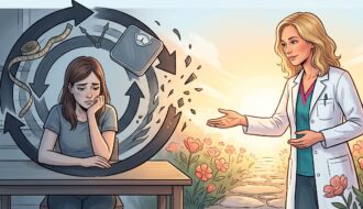 Ilustrace: žena uvězněná v kruhu diet, vážení a výčitek; nutriční terapeutka jí podává ruku na cestě ven