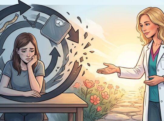 Ilustrace: žena uvězněná v kruhu diet, vážení a výčitek; nutriční terapeutka jí podává ruku na cestě ven