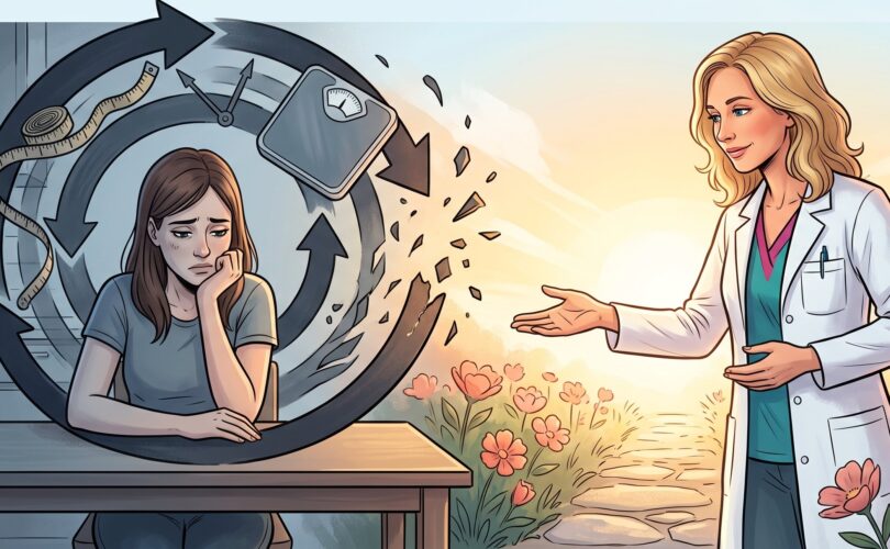Ilustrace: žena uvězněná v kruhu diet, vážení a výčitek; nutriční terapeutka jí podává ruku na cestě ven